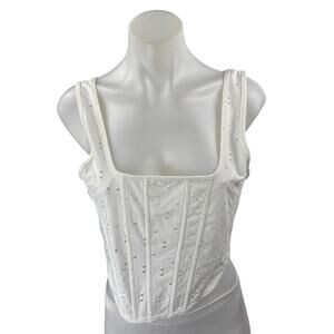 Zara White Embroidered Eyelet Sleeveless Cami Crop Bustier Corset Tank Top Sz L